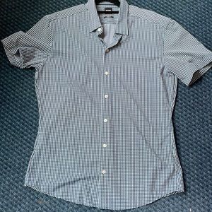 BOSS Lightweight Casual Short Sleeve Large Button Down in Gray and Blue Pattern